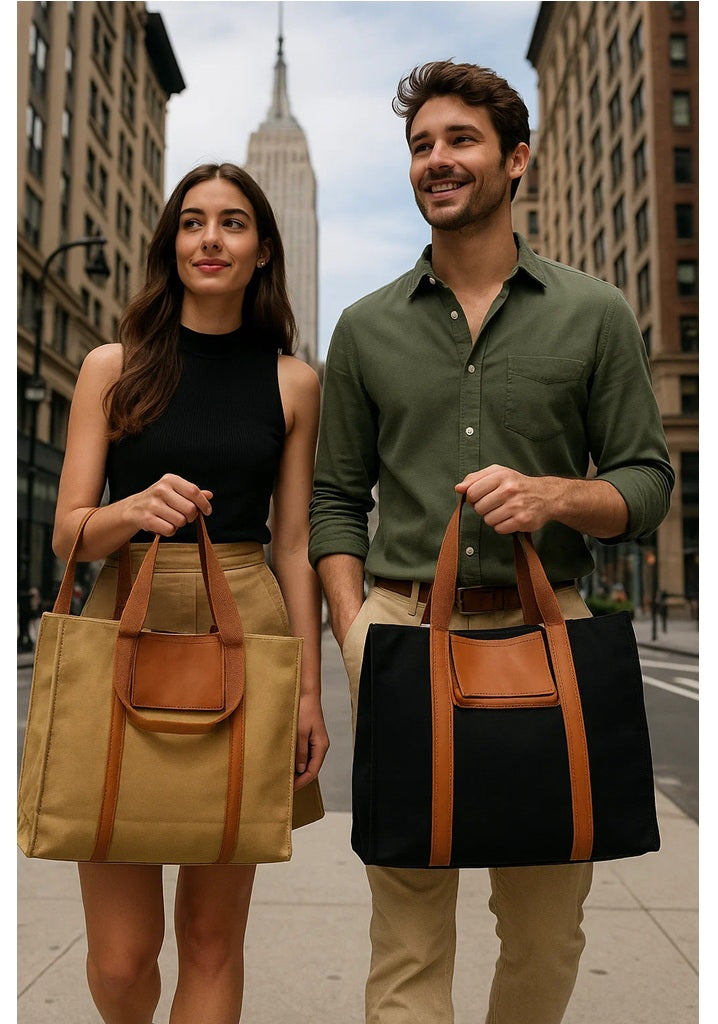 Trendy Premium Canvas Bag with Leather trim handles
