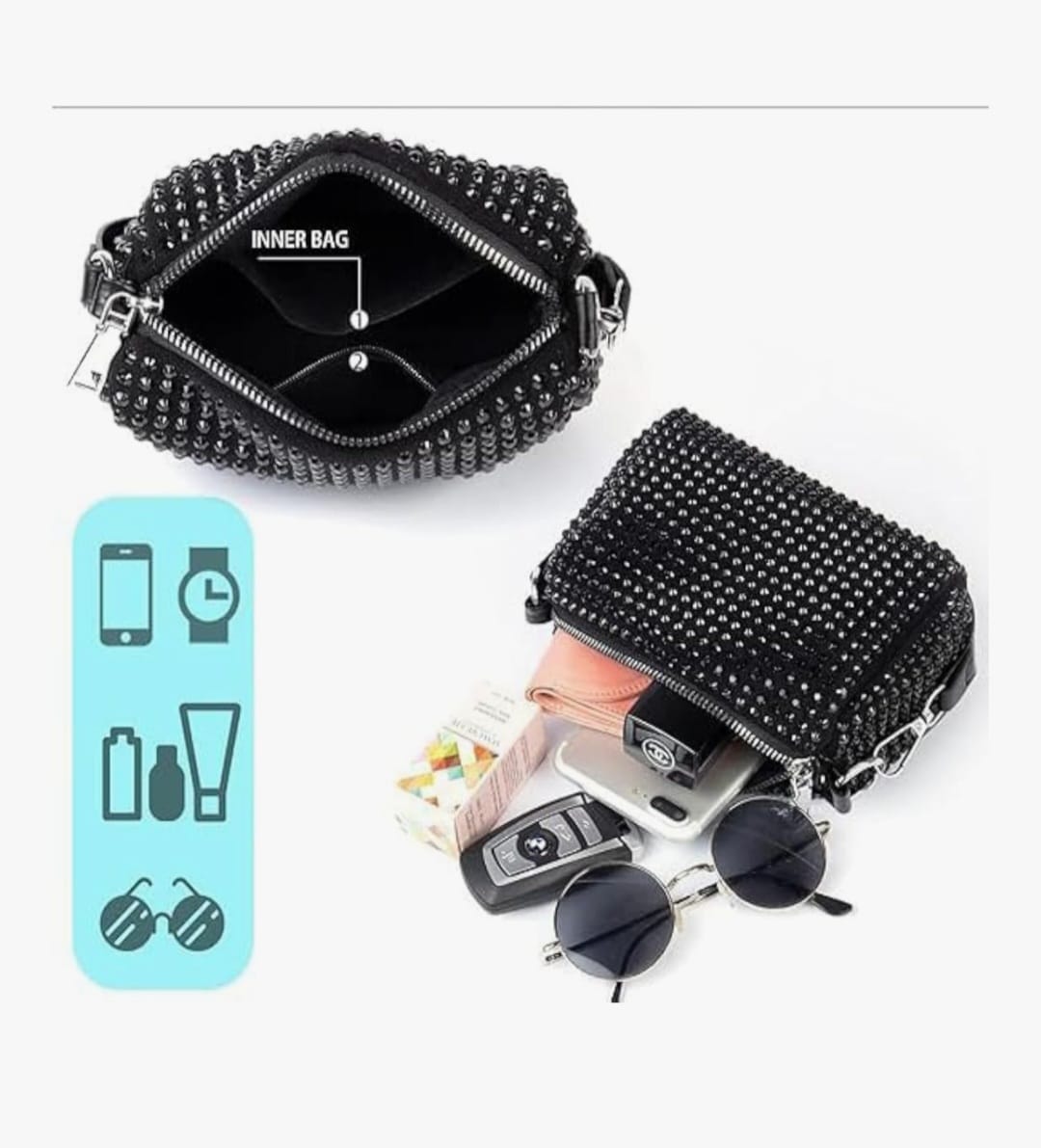 Leatherette Rhinestone studded Pouch with metal chain & detachable Strap