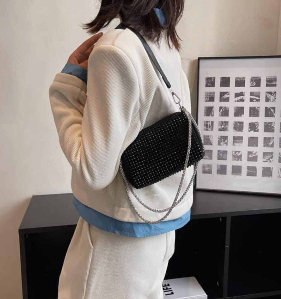 Leatherette Rhinestone studded Pouch with metal chain & detachable Strap