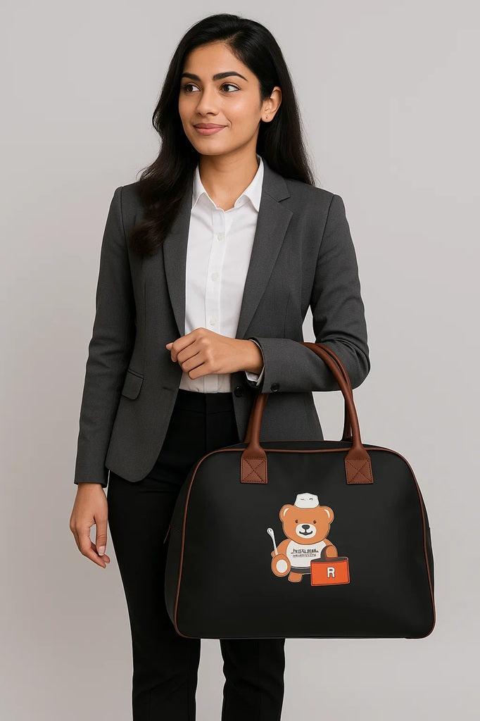 Extra large Leatherette Teddy Motif Foldable Tote bag in Black