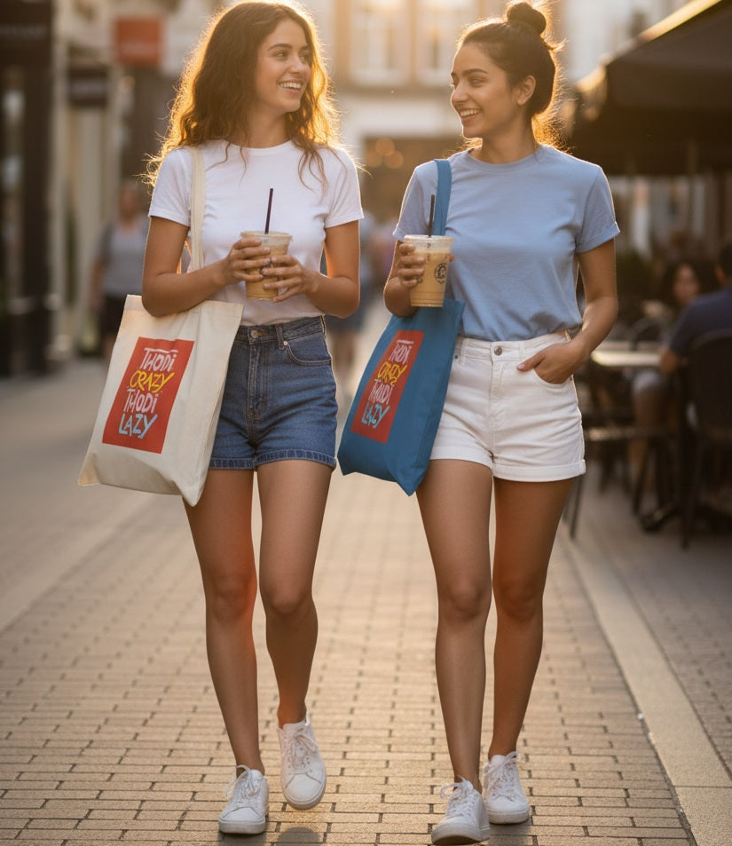 Cotton / Canvas Tote Bag with Crazy Quote - Natural Beige / Black / Blue / Red