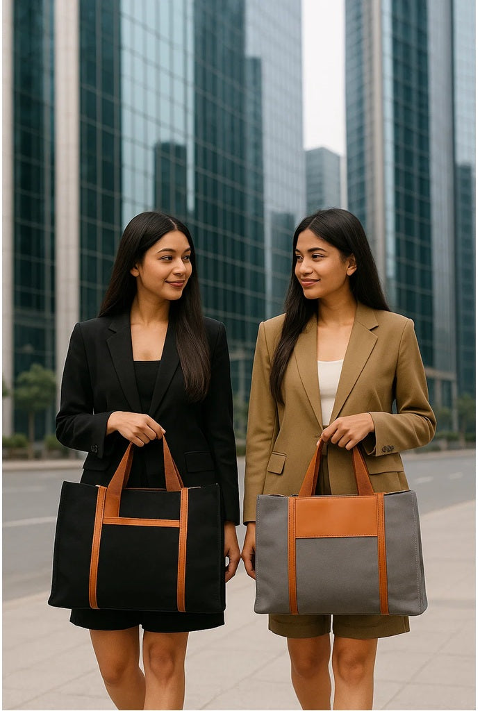 Trendy Premium Canvas Bag with Leather trim handles