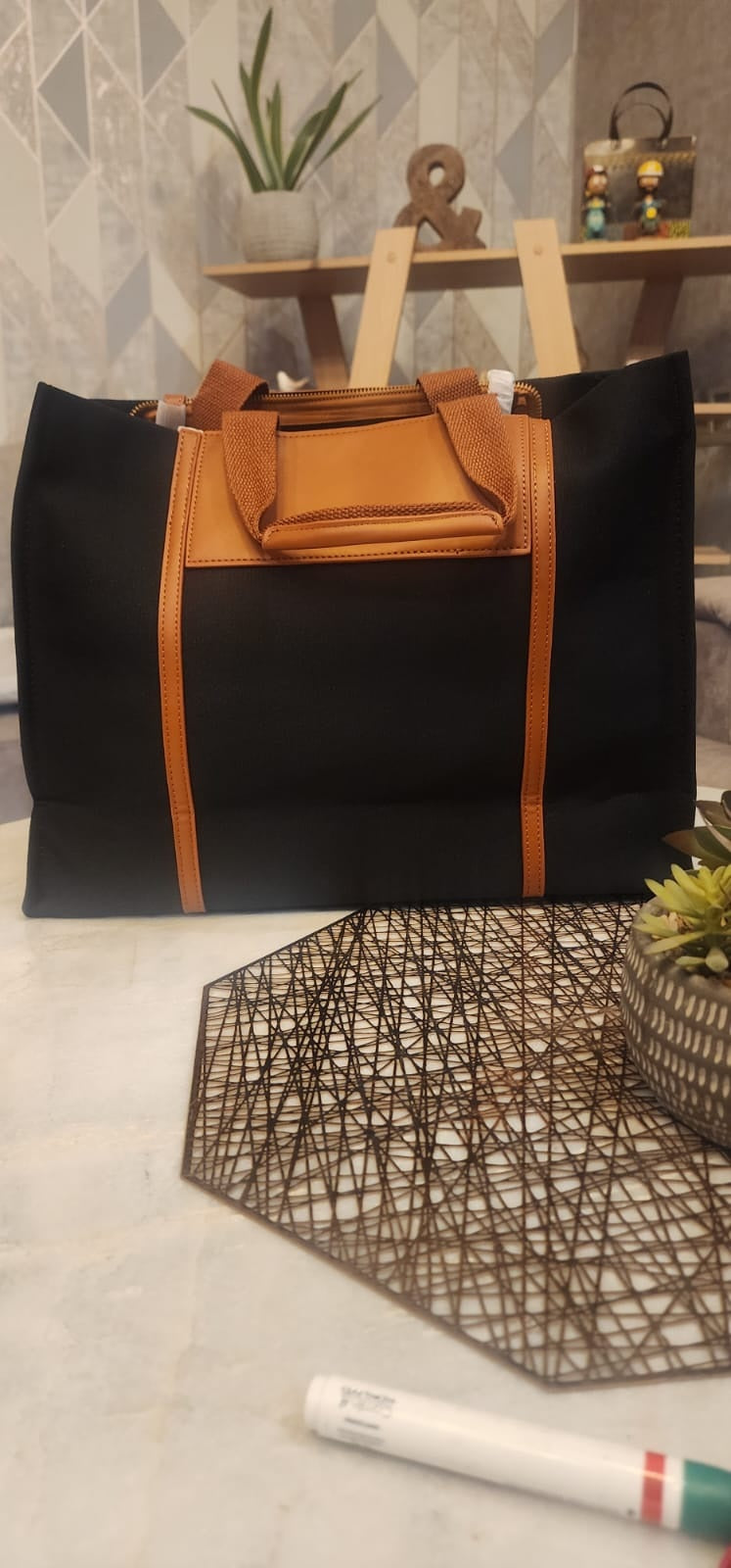 Trendy Premium Canvas Bag with Leather trim handles