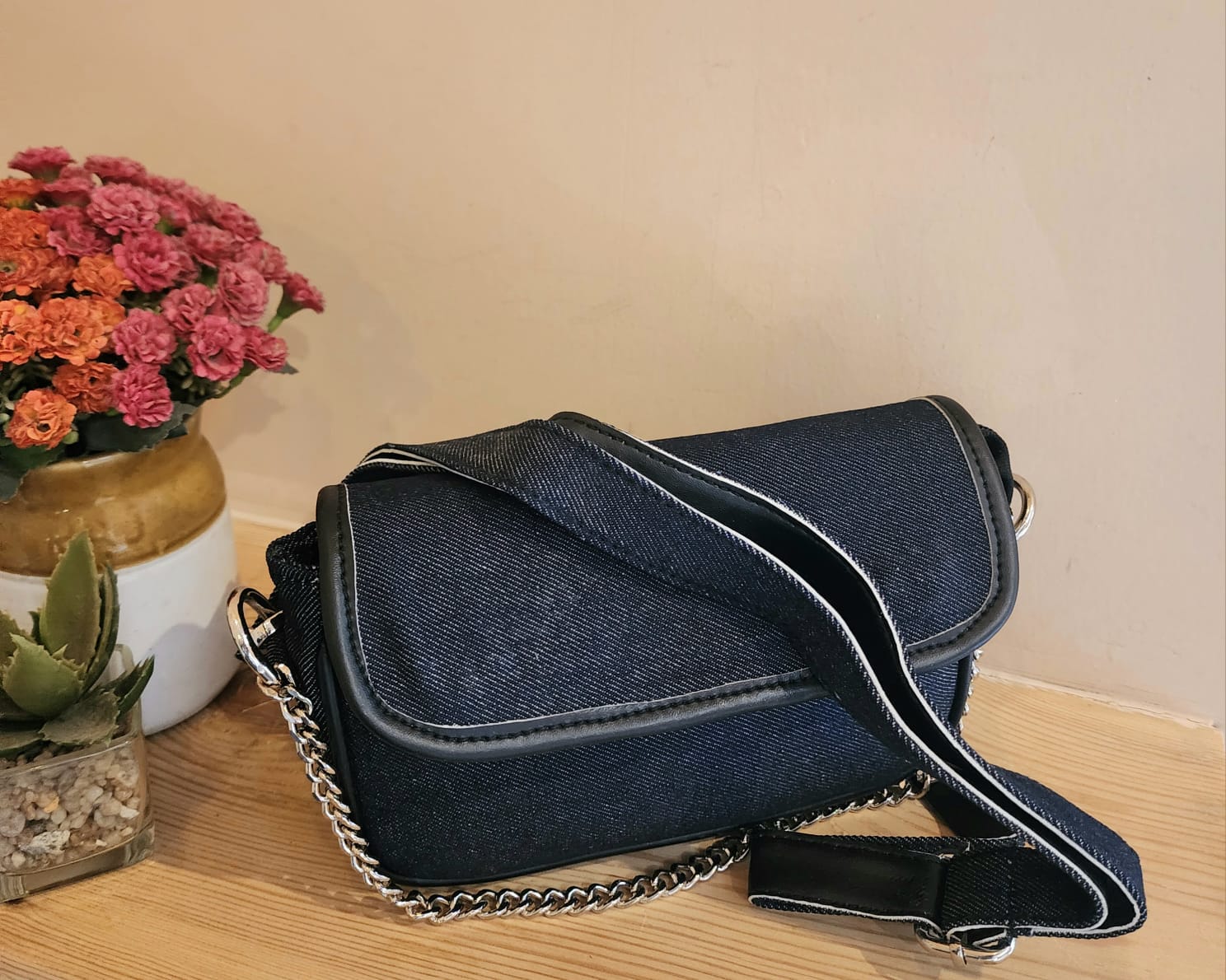 Denim Sling bag with Metal Chain