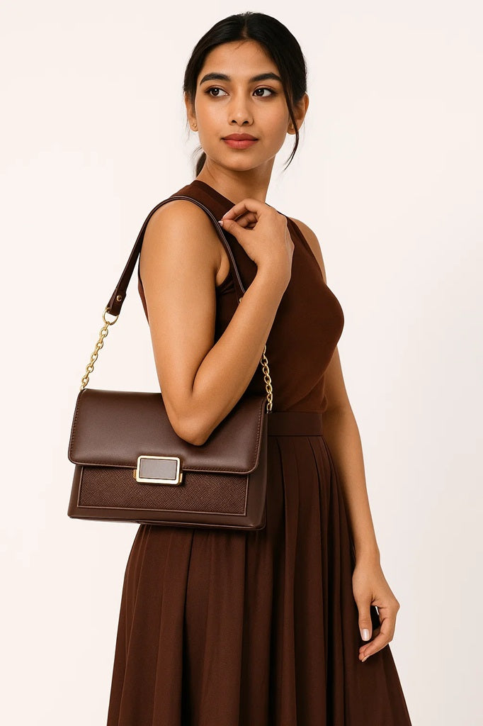 Elegant Handbag with white buckle and gold metal chain