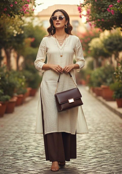 Elegant Handbag with white buckle and gold metal chain