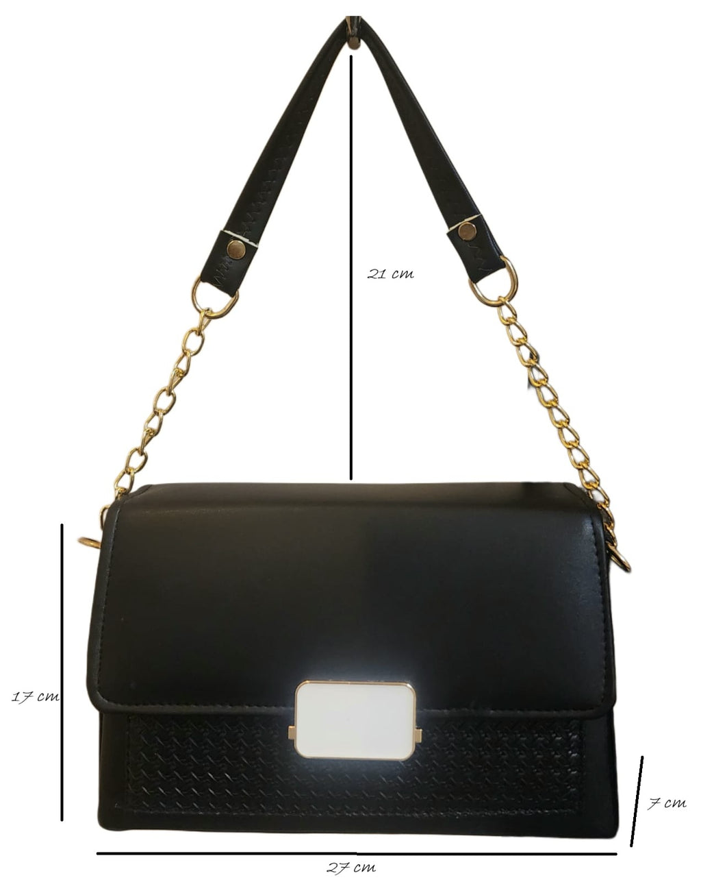 Elegant Handbag with white buckle and gold metal chain