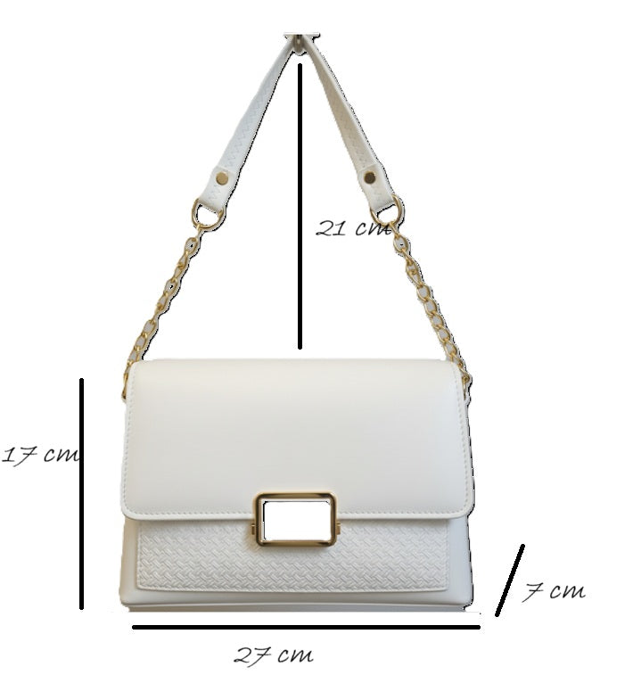 Elegant Handbag with white buckle and gold metal chain