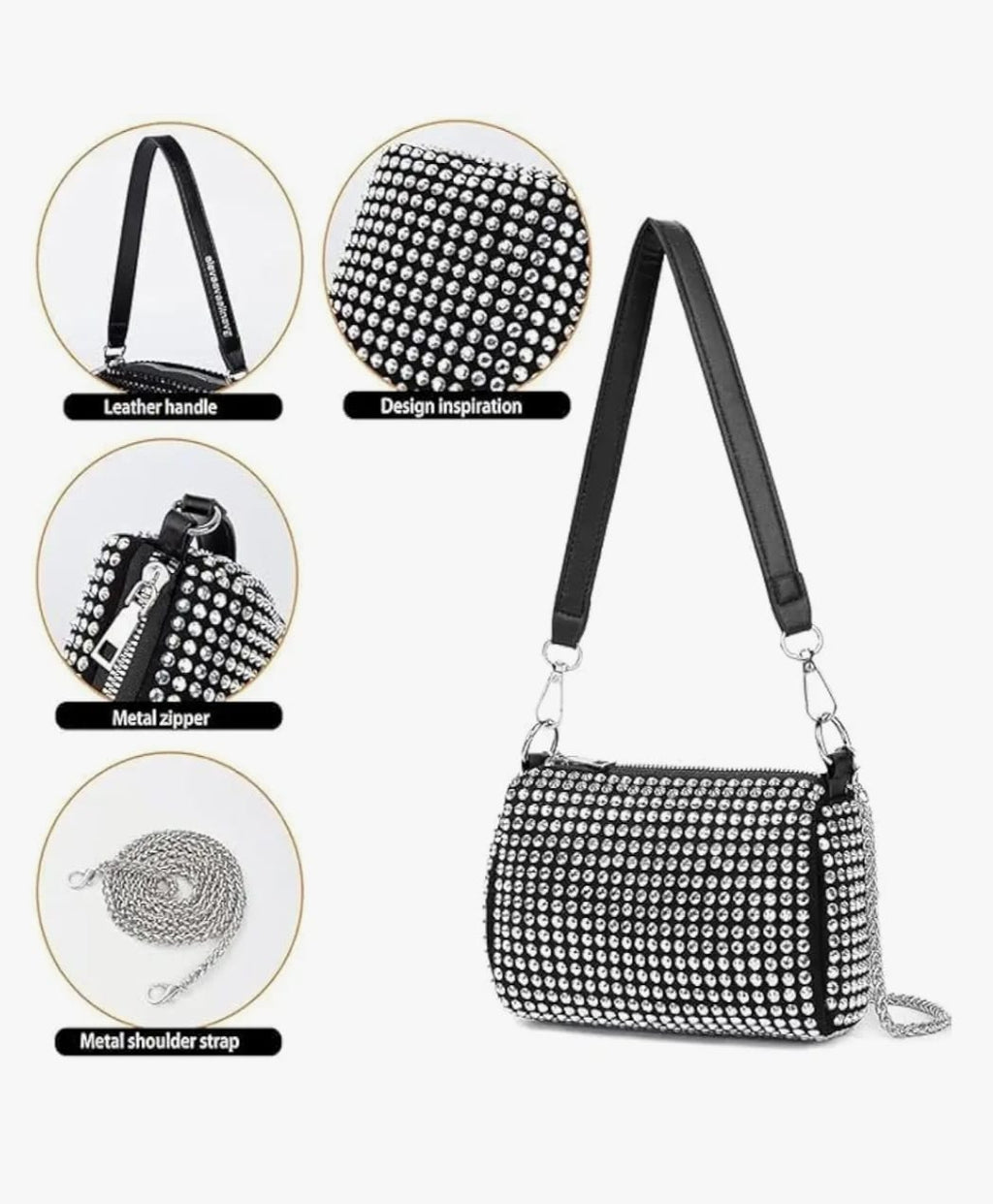Leatherette Rhinestone studded Pouch with metal chain & detachable Strap