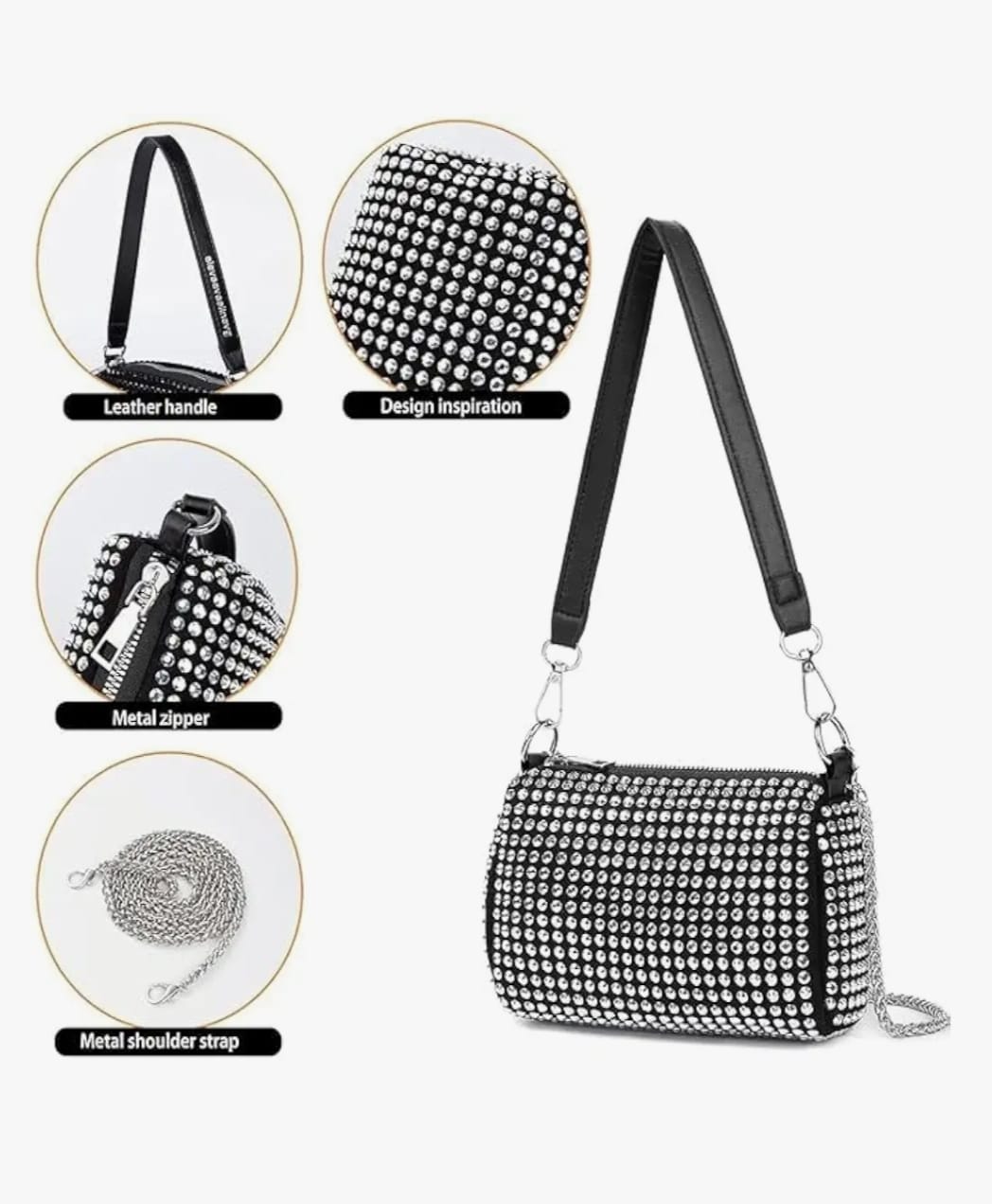 Leatherette Rhinestone studded Pouch with metal chain & detachable Strap