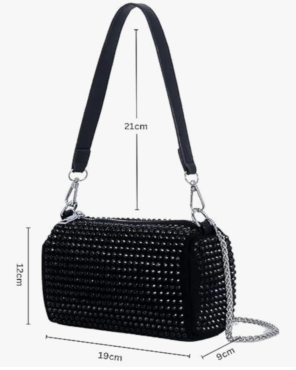 Leatherette Rhinestone studded Pouch with metal chain & detachable Strap