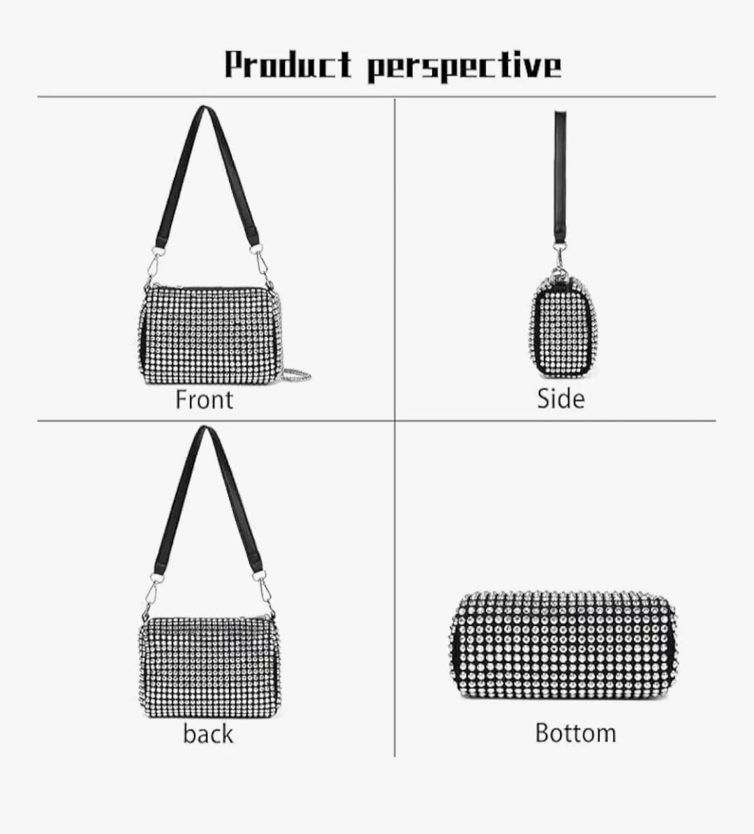 Leatherette Rhinestone studded Pouch with metal chain & detachable Strap