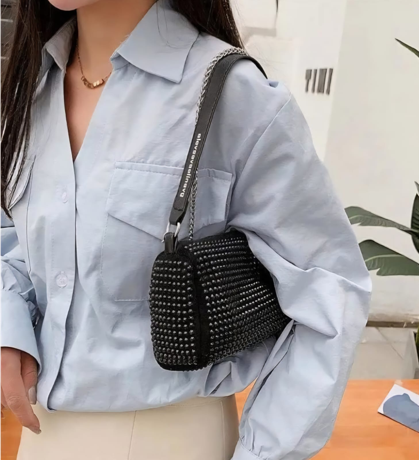 Leatherette Rhinestone studded Pouch with metal chain & detachable Strap