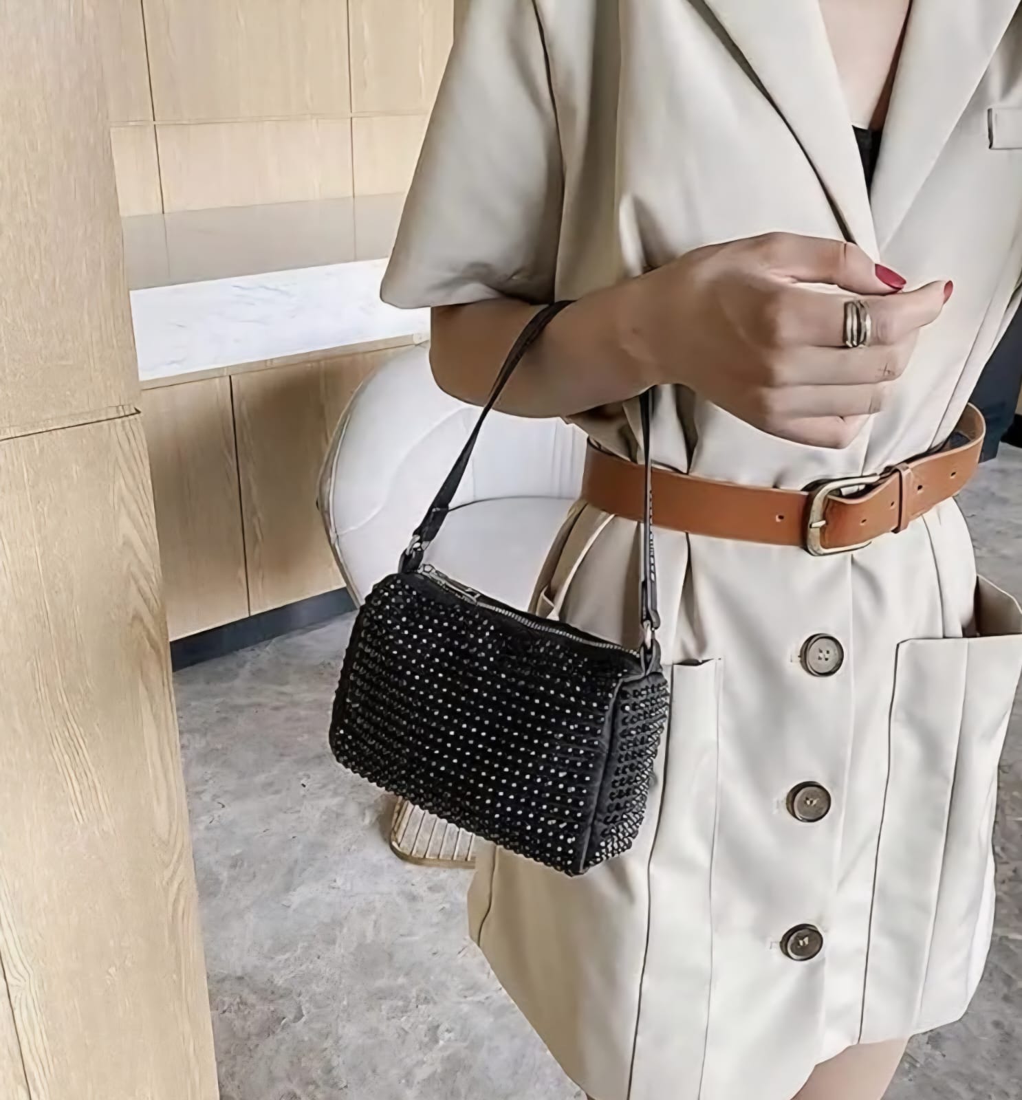 Leatherette Rhinestone studded Pouch with metal chain & detachable Strap