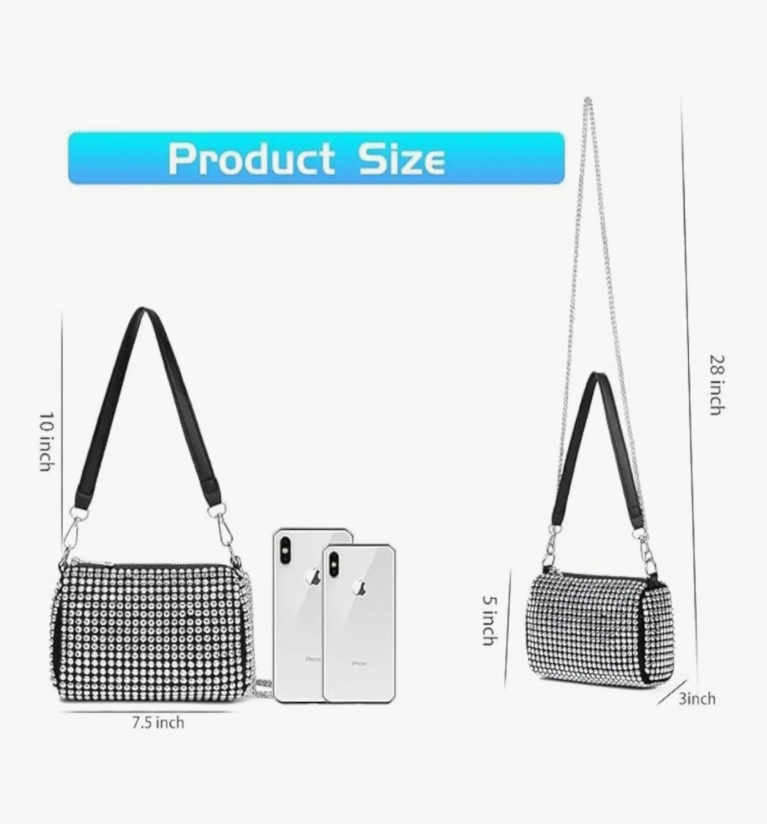 Leatherette Rhinestone studded Pouch with metal chain & detachable Strap