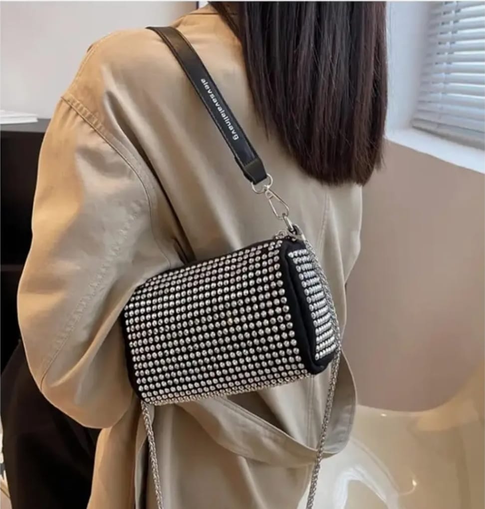 Leatherette Rhinestone studded Pouch with metal chain & detachable Strap