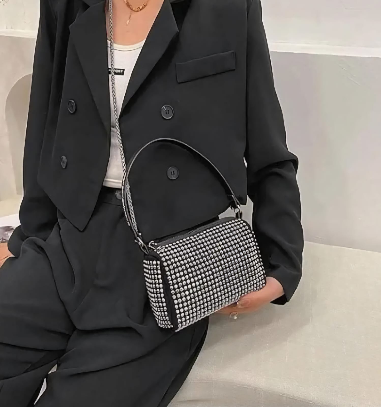 Leatherette Rhinestone studded Pouch with metal chain & detachable Strap