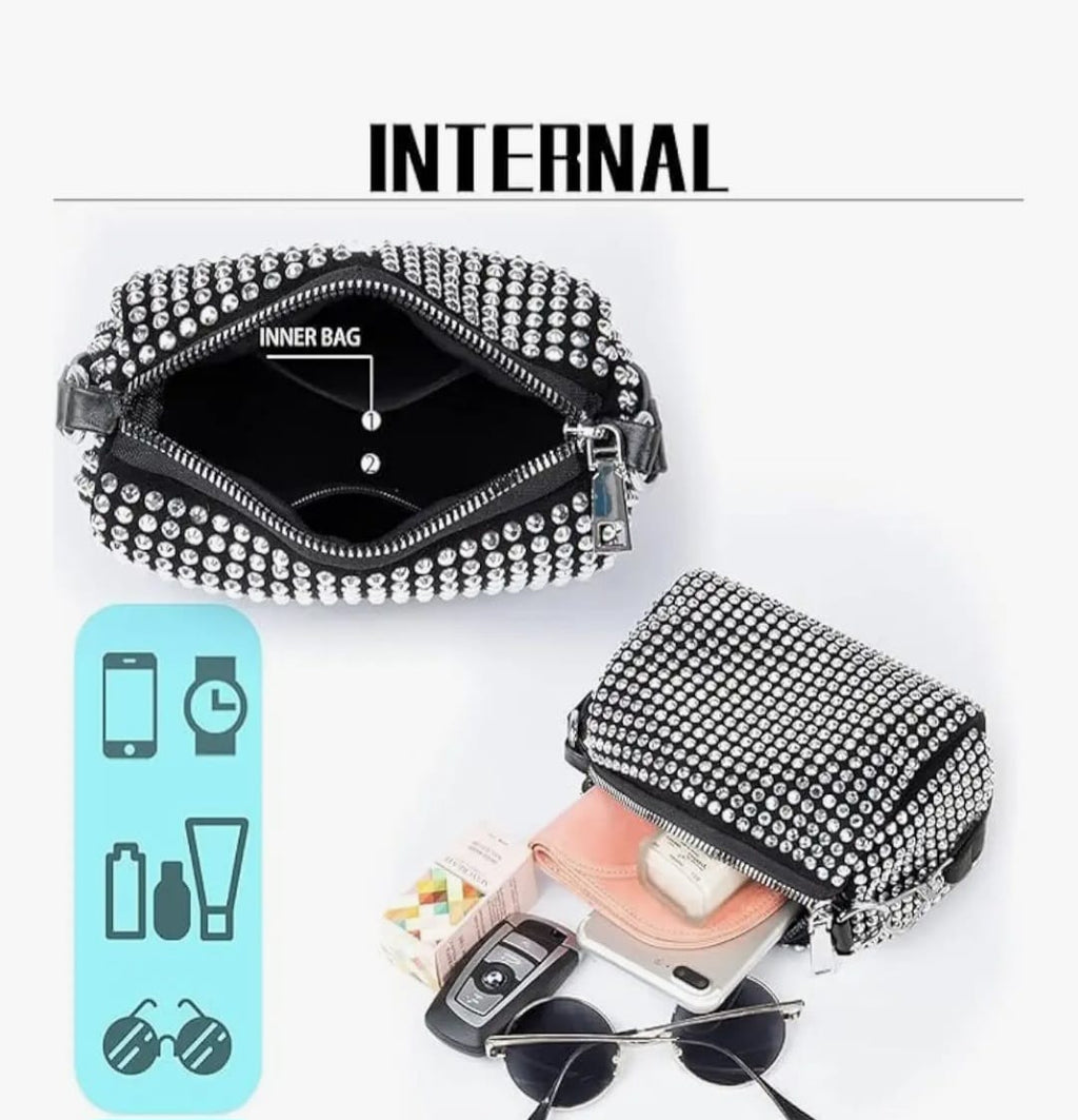 Leatherette Rhinestone studded Pouch with metal chain & detachable Strap