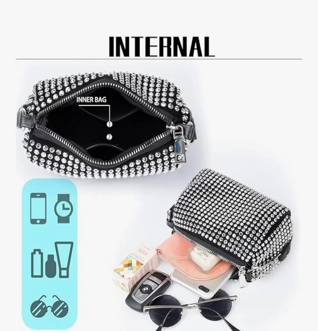 Leatherette Rhinestone studded Pouch with metal chain & detachable Strap